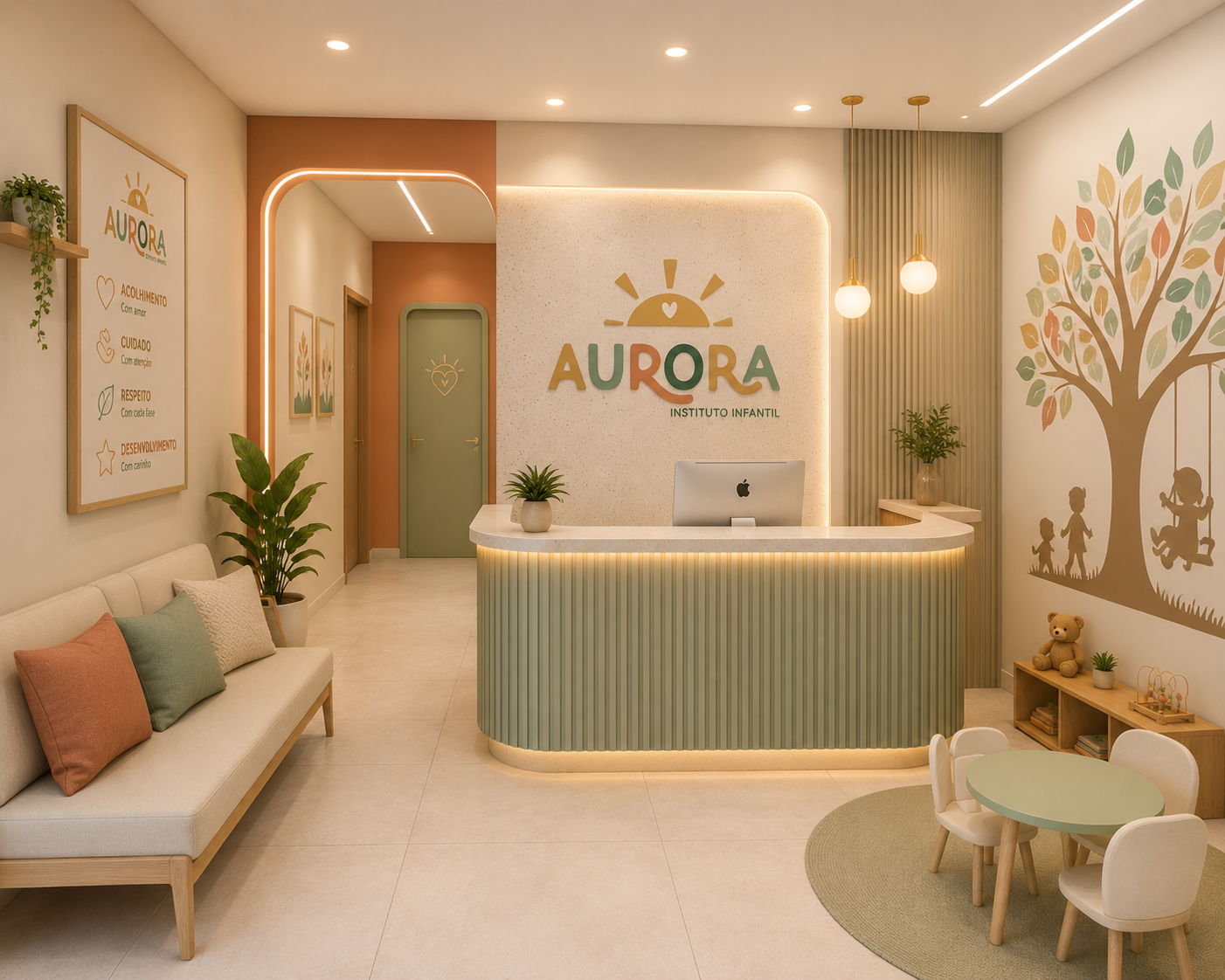 Recepção do Instituto Infantil Aurora, com poltronas, cantinho infantil e o logo Aurora na parede