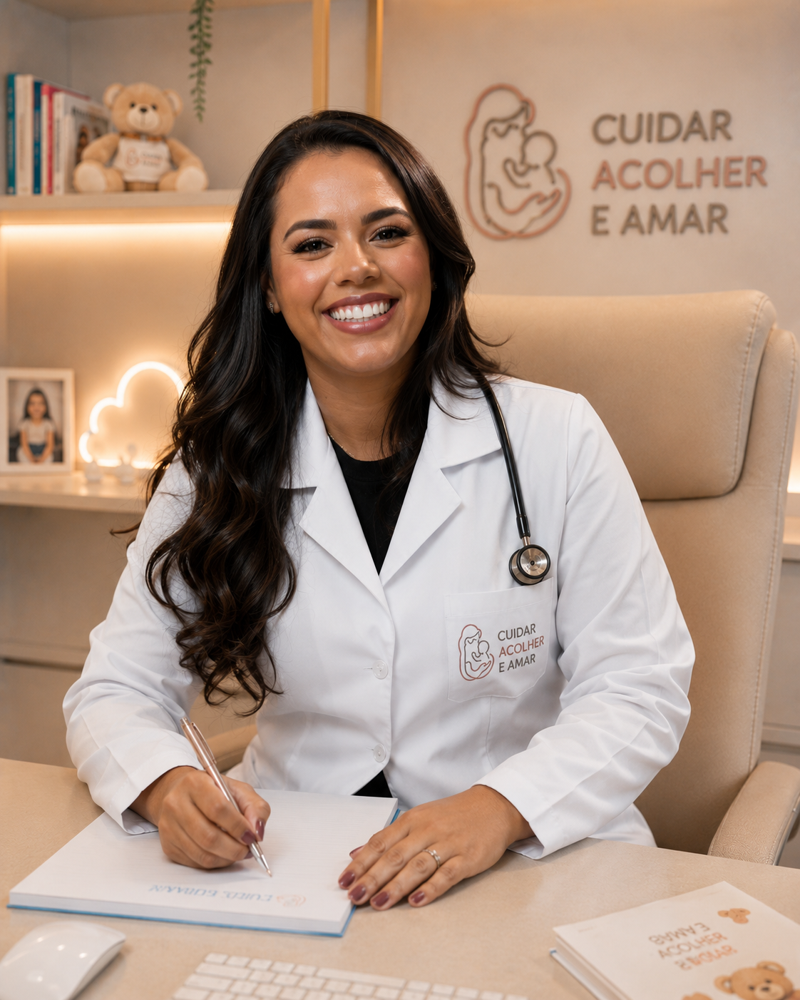 Dra. Marina Albuquerque escrevendo em sua mesa, no consultório do Instituto Infantil Aurora